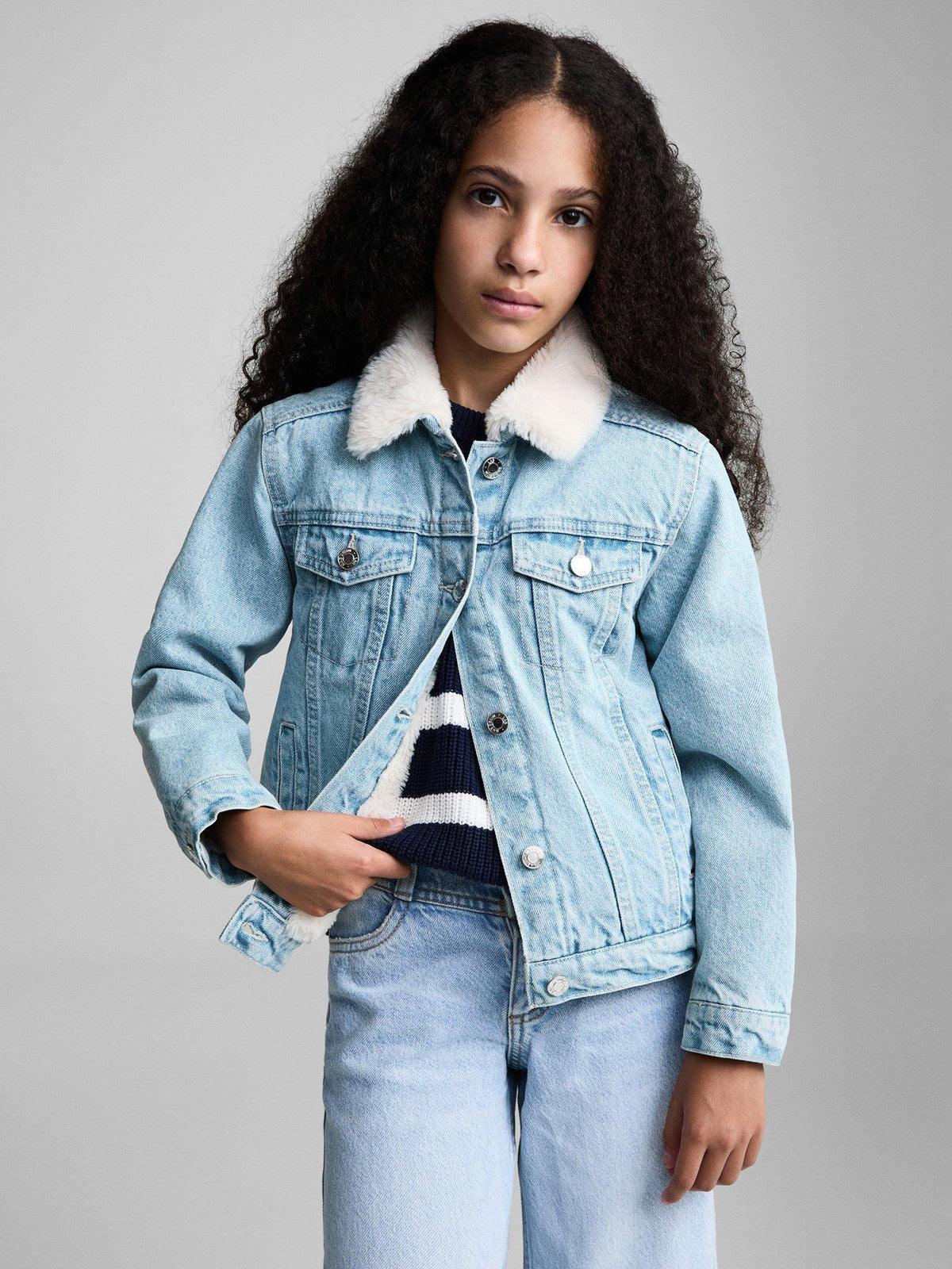 Kids Sherpa Full Fur Denim Jacket For Girls