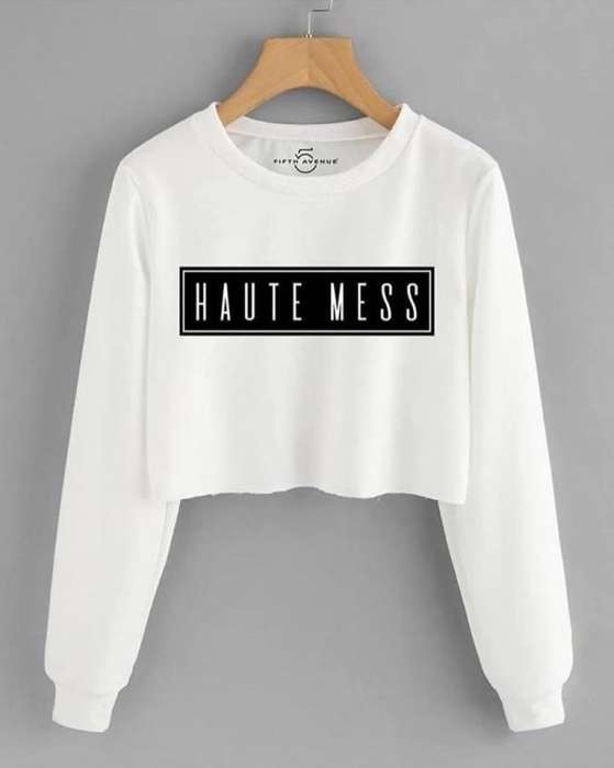 Haute Mess Crop Printed Fleece Sweatshirt For womens - AceCart Warm Hooded Sweatshirt in White