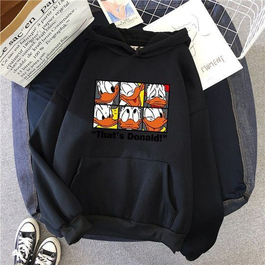 Black Donald Duck Printed Fleece Full Sleeves Pull Over Sweatshirt For Women