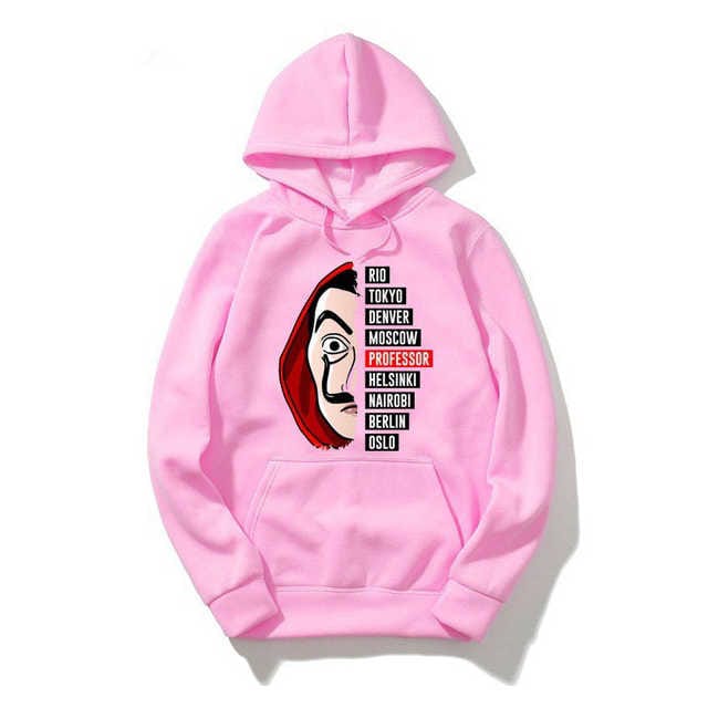 Pink Money Heist Printed Fleece Full Sleeves Pull Over Hoodie