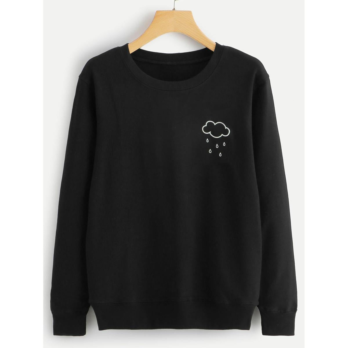 Black Cloud Printed Fleece Full Sleeves Pull Over Sweatshirt For Women