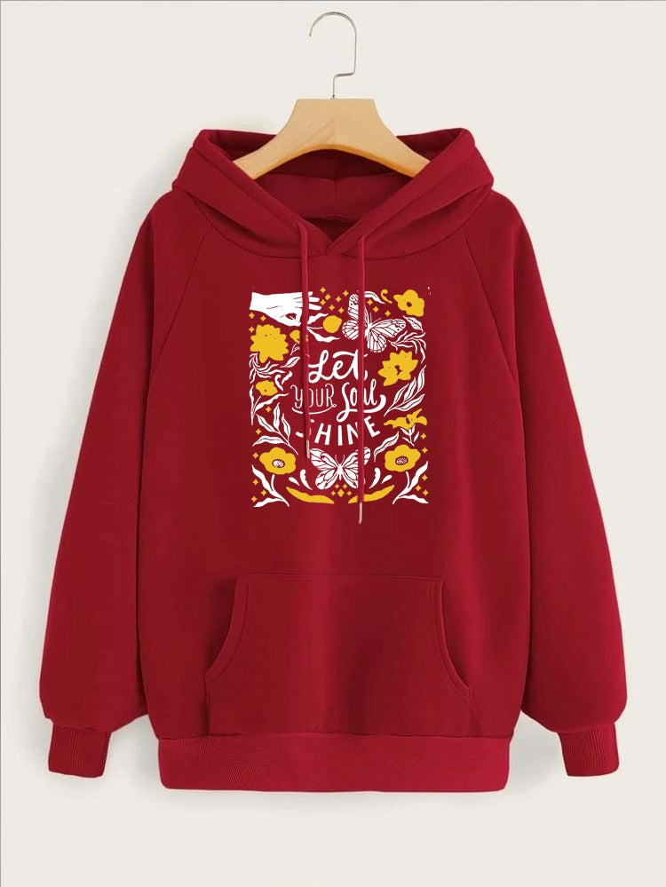 Let Your Soul Shine Printed Fleece Full Sleeves Pull Over Hoodie For Women