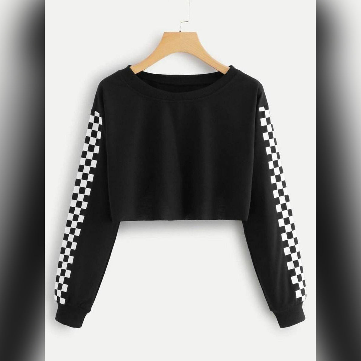 Black Checkered Fleece Full Sleeves Cropped Sweat Shirt For Women