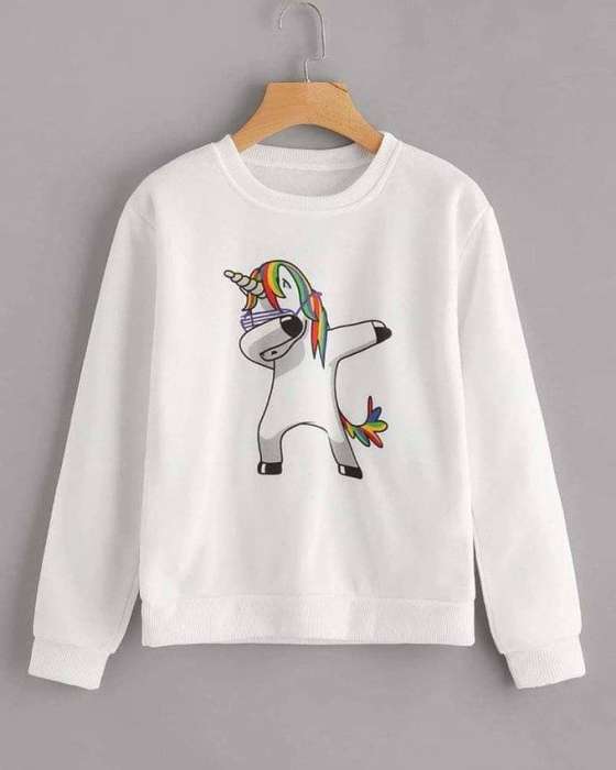 White with Rainbow Funky Unicorn Print Sweat Shirt For womens - AceCart Warm Hooded Sweatshirt in White