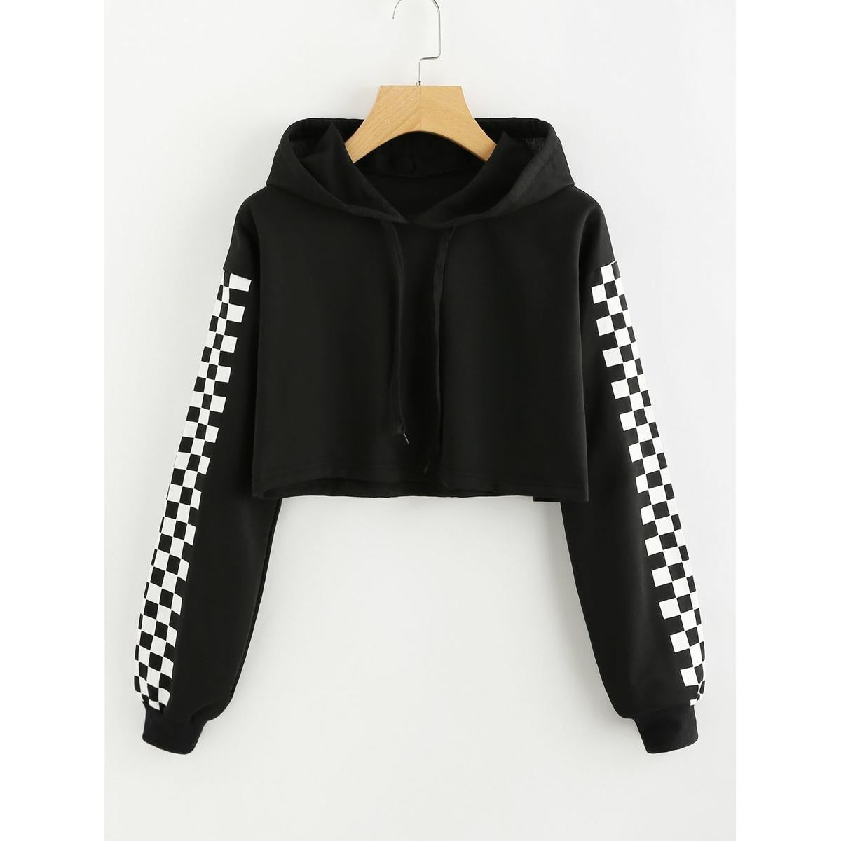 Black Checkered Fleece Full Sleeves Cropped Hoodie For Women