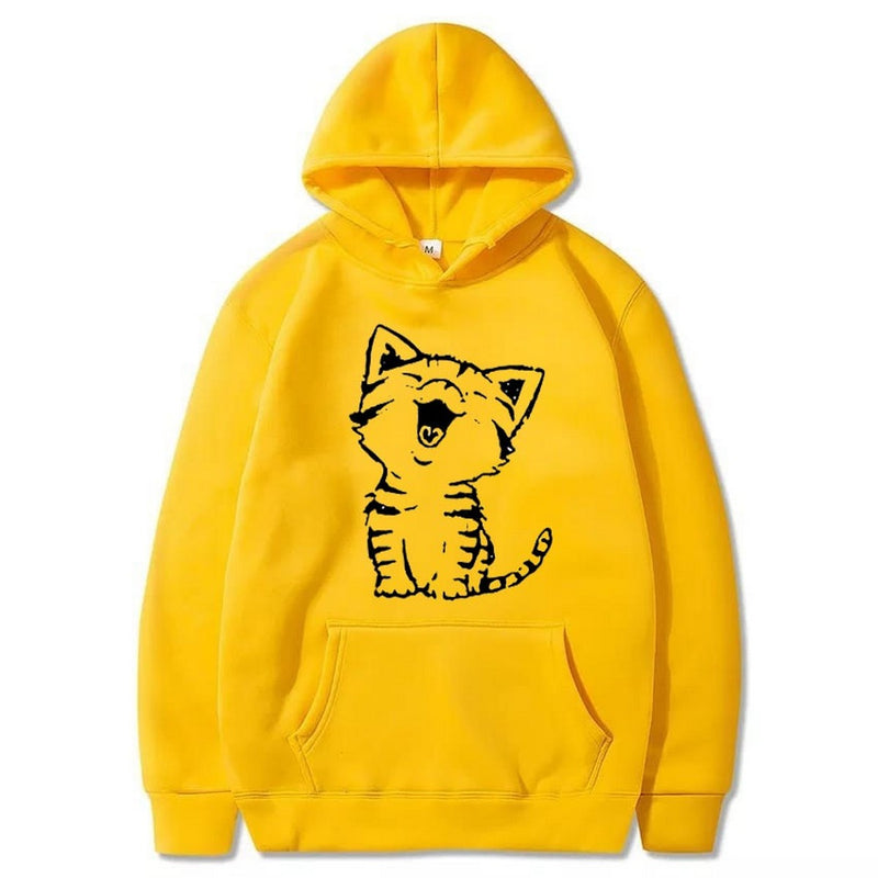 Fluffy Cat Printed Fleece Full Sleeves Pull Over Hoodie For Women