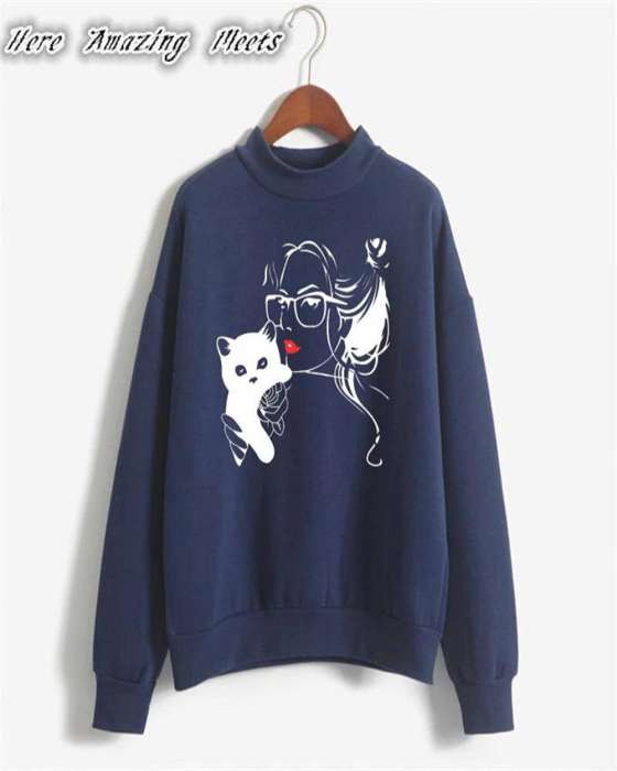 Kitty Printed Sweat Shirt For womens - AceCart Warm Hooded Sweatshirt in Blue