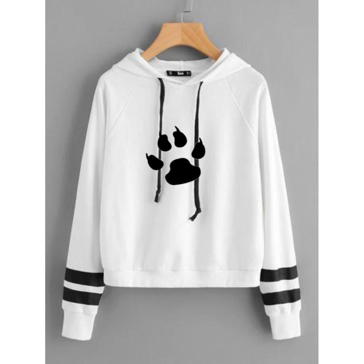 White Cat Print Fleece Full Sleeves Pull Over Hoodie For Women