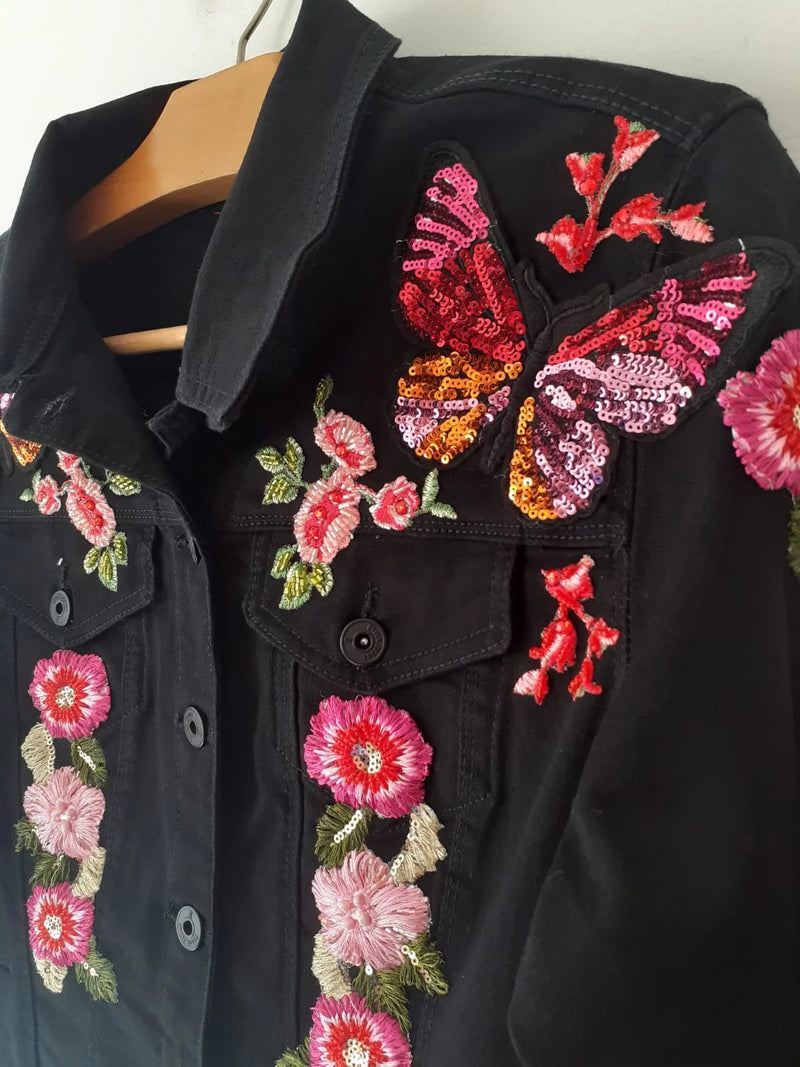 Women Embriodered Black Denim Jacket Close View - Ace Cart