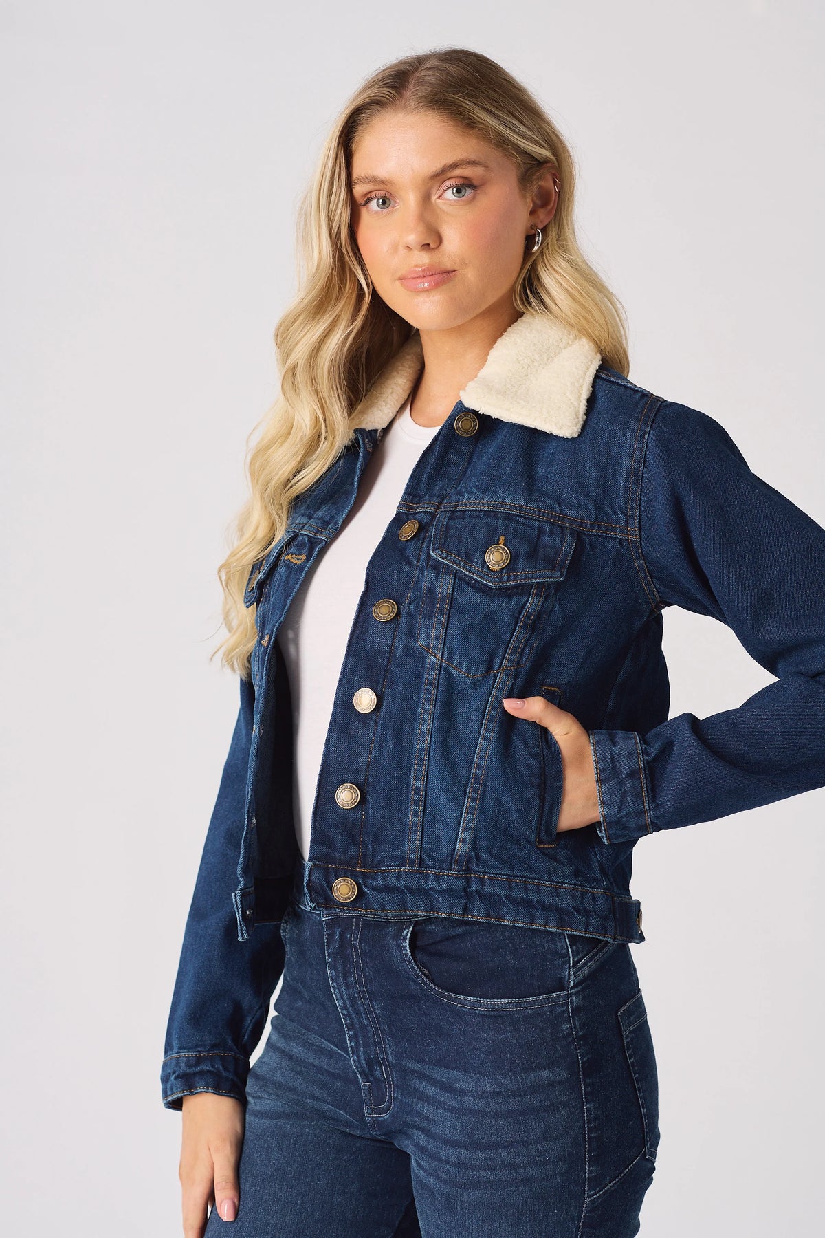 Women Fur Collar Dark Blue Denim Jacket Left View - Ace Cart