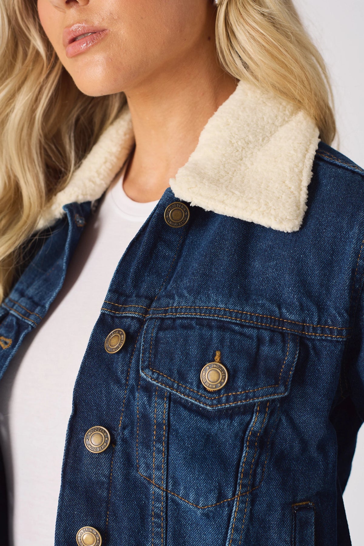 Women Fur Collar Dark Blue Denim Jacket Close Up - Ace Cart