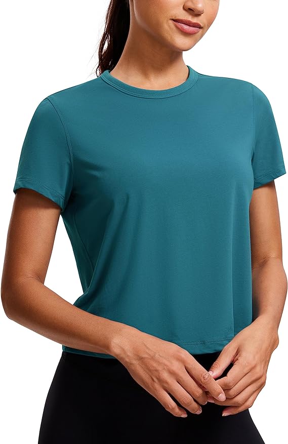 Women's Workout Crop Top T-Shirt Yoga Running Basic Tee Teal - Front View - AceCart