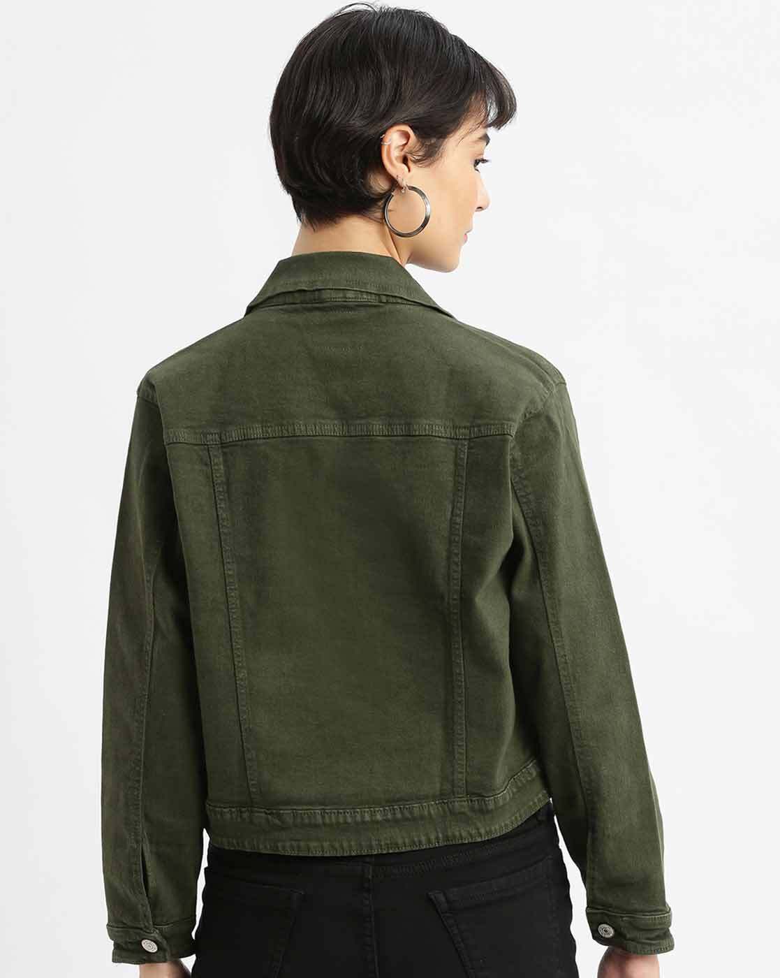 Women Olive Green Denim Jacket Back View - Ace Cart