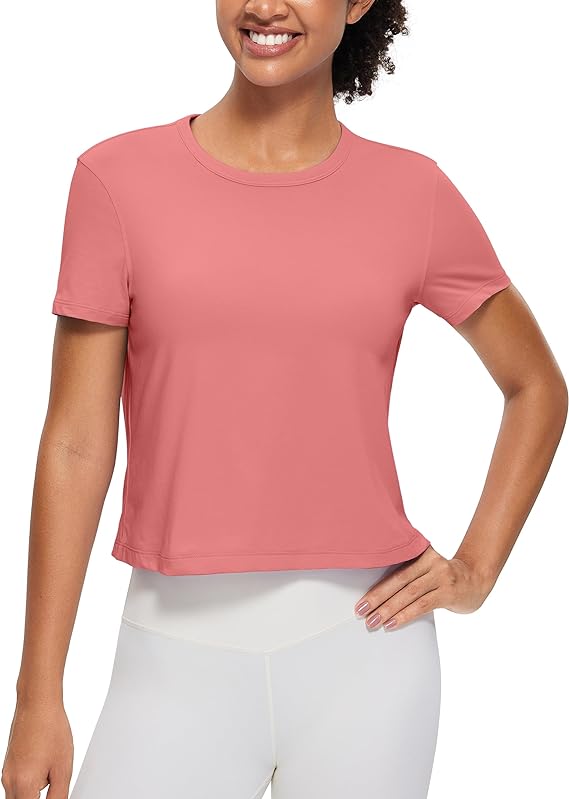 Women's Workout Crop Top T-Shirt Yoga Running Basic Tee Pink