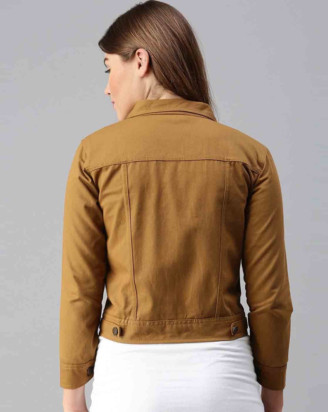 Women Khaki Denim Jacket Back View - Ace Cart