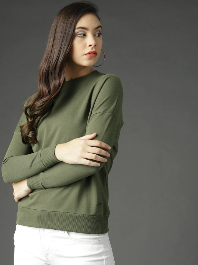 Ace Women Olive Green Solid Sweatshirt Roadster