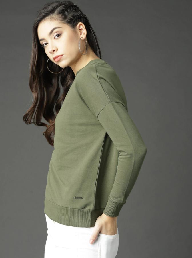 Ace Women Olive Green Solid Sweatshirt Roadster