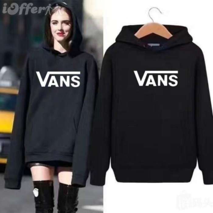 Black Fleece Vans Printed Pull Over Hoodie - AceCart Warm Hooded Sweatshirt in Black