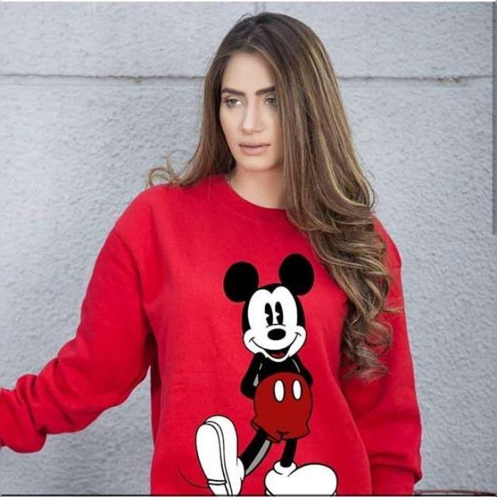 Red Micky Printed Sweatshirt For Women - AceCart Warm Hooded Sweatshirt in Red