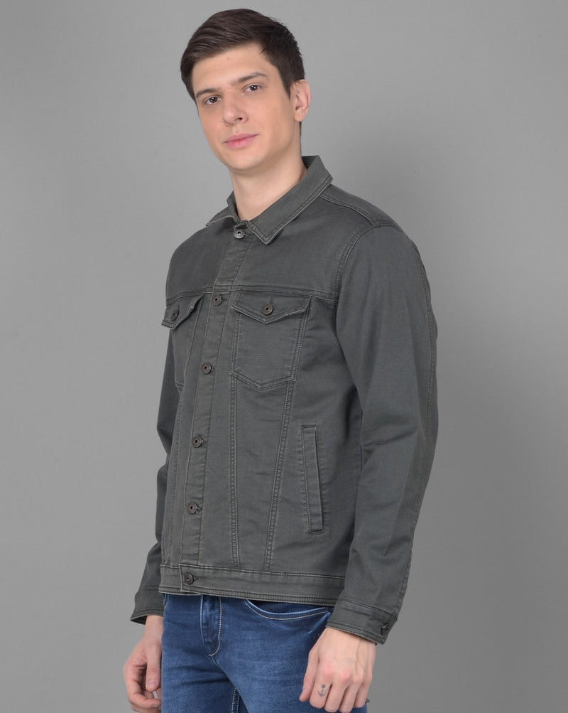 Men's Grey Denim Jacket Premium Quality Side Pose - Ace Cart