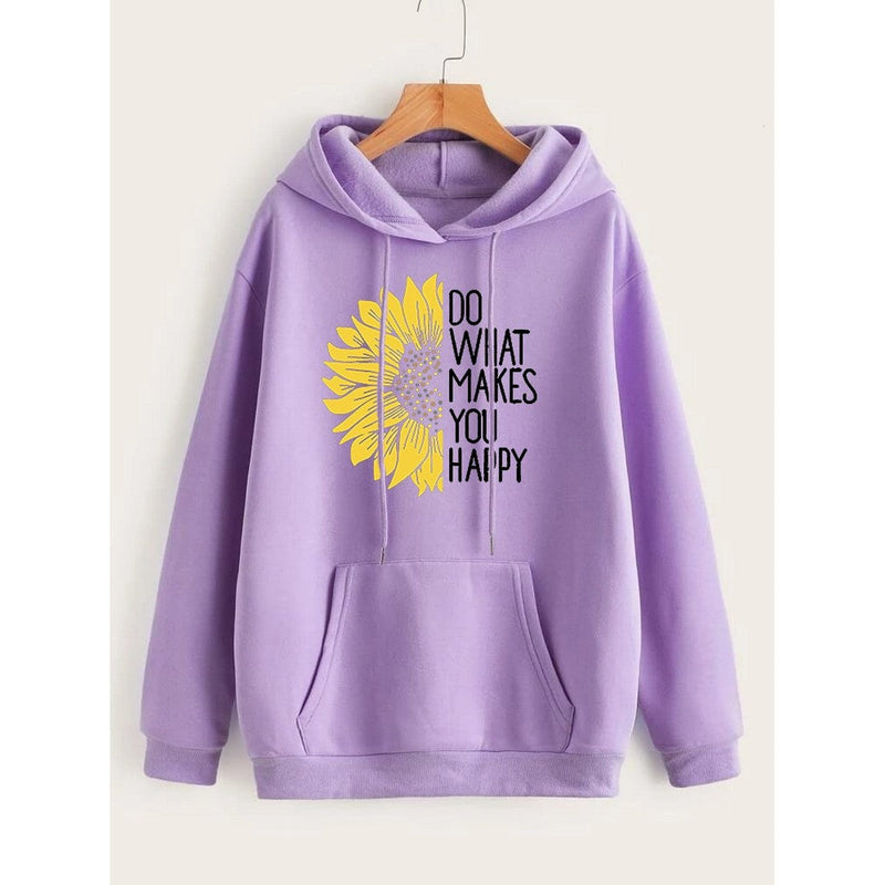 Do WHat Makes You Happy Printed Fleece Full Sleeves Pull Over Hoodie For Women