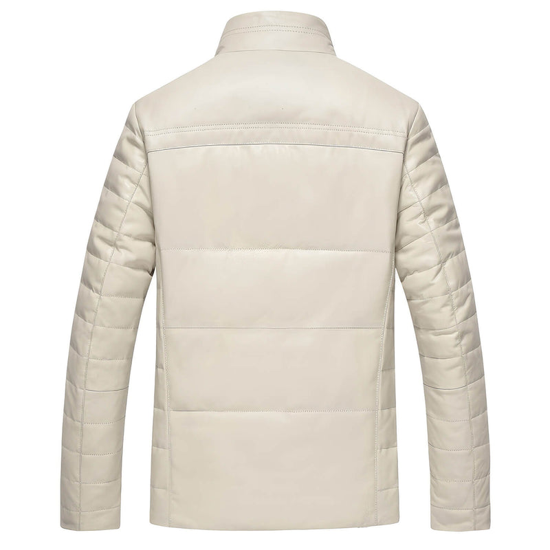 Men’s Off-White Genuine Sheepskin Faux Fur Collar Quilted Shoulders Padded Thick Winter Warm Puffer Leather Jacket - Back View - AceCart