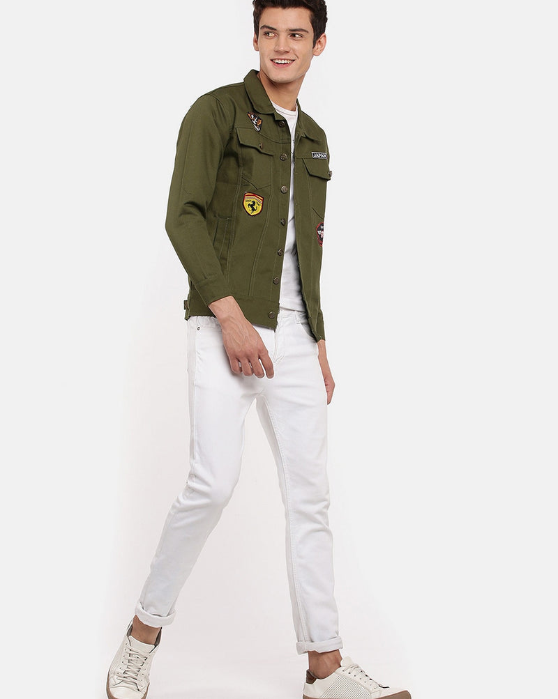 Men's Olive Green Badges Denim Jacket Premium Quality