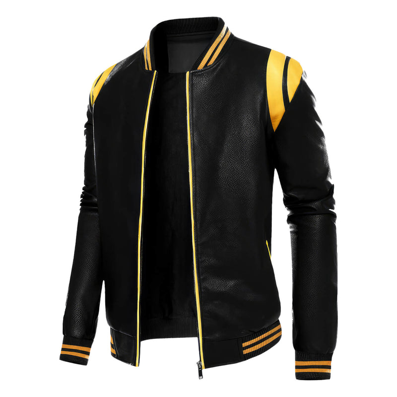 Men’s Black Biker Genuine Sheepskin Sporty Slim Fit Yellow Stripes Rib Knit Bomber Motorcycle Rider Leather Jacket - Back View - AceCart