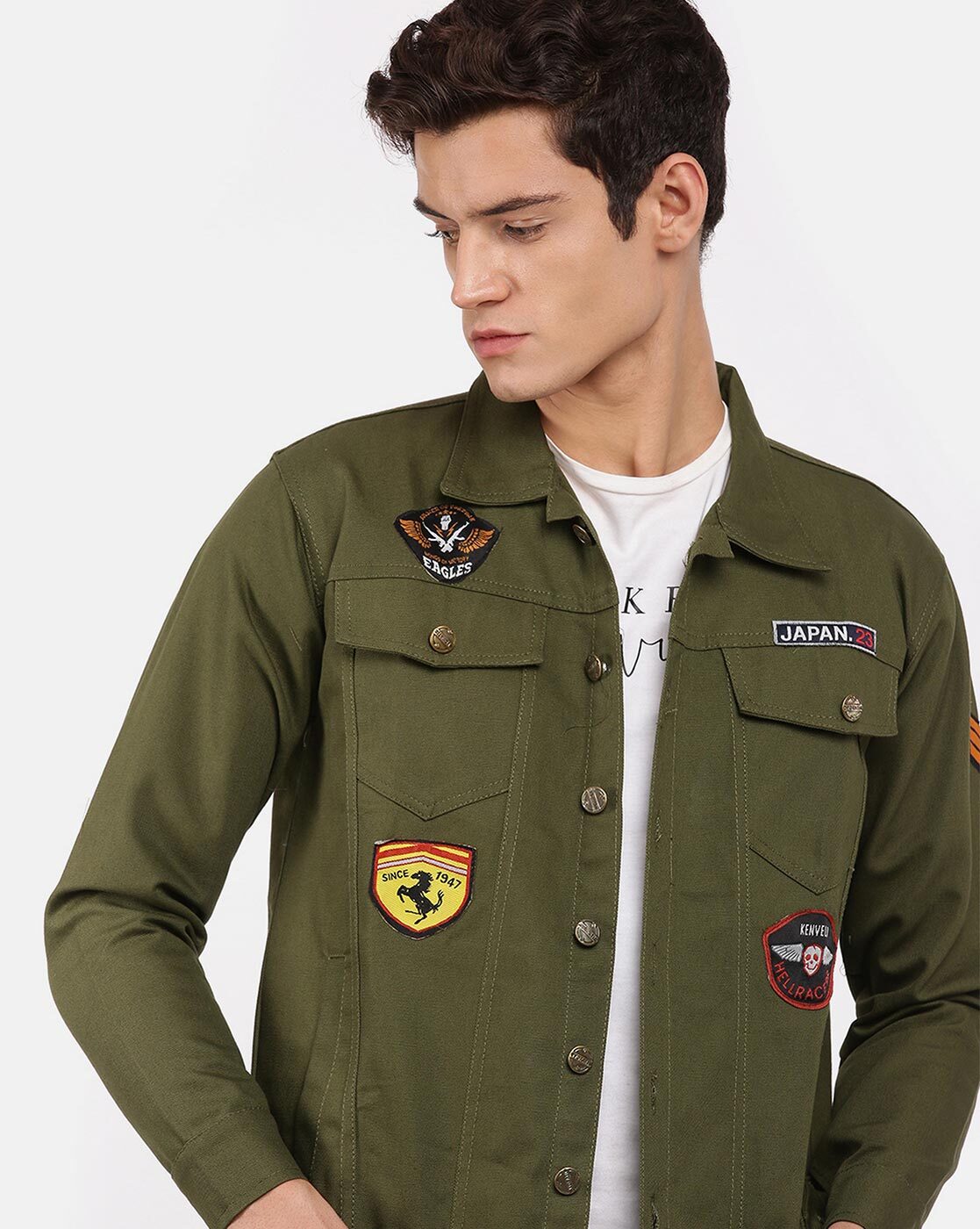 Men's Olive Green Badges Denim Jacket Premium Quality Close up - Ace Cart