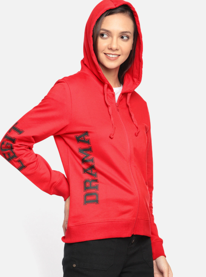 Ace Drama Women Red Solid Hooded Sweatshirt