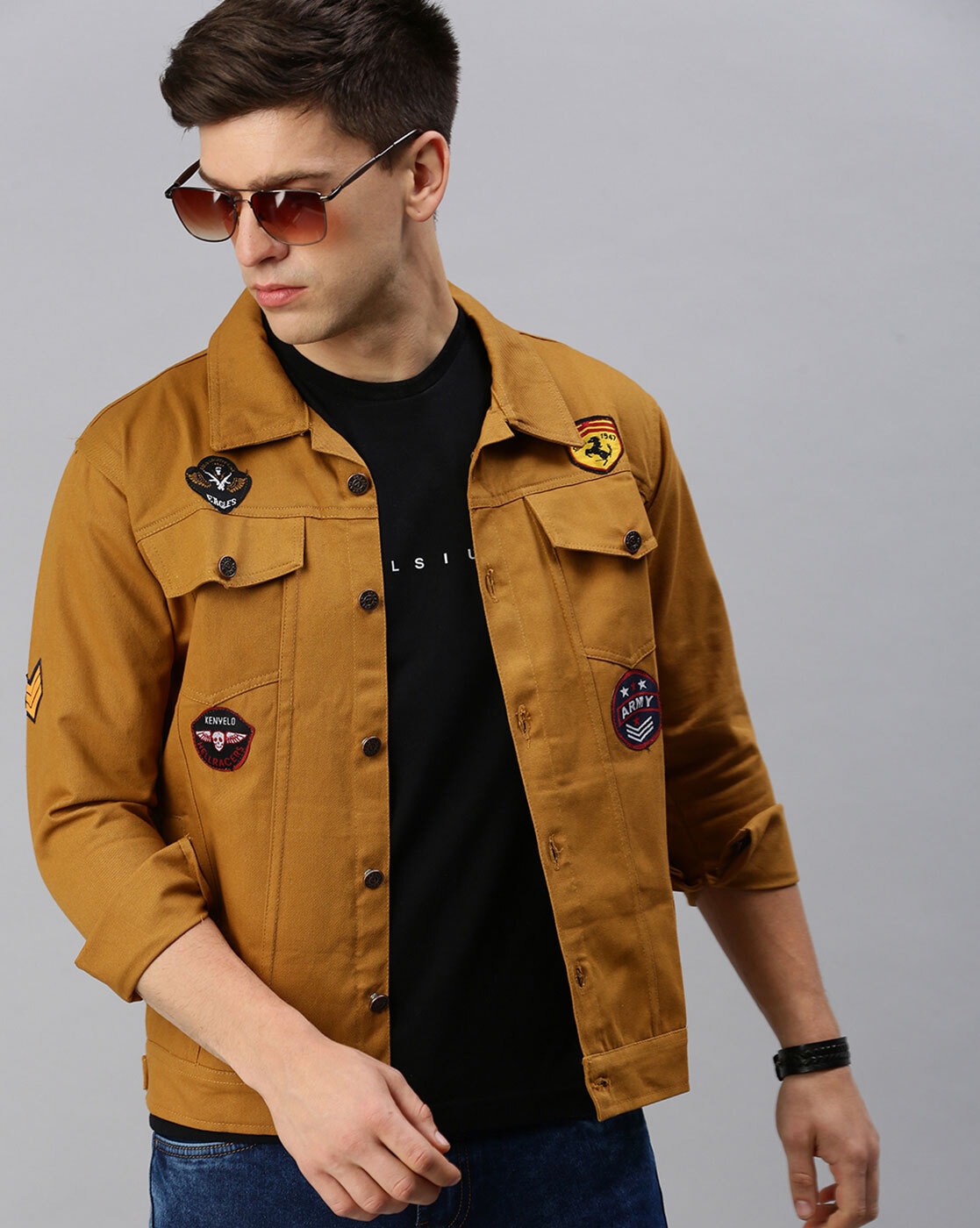 Men's Khaki Badges Denim Jacket Premium Quality - Ace Cart