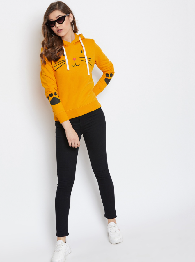 Ace Women Mustard Yellow Meow Printed Hoodie