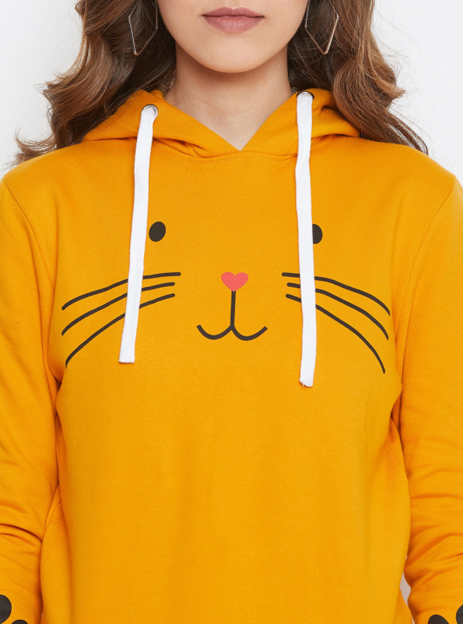 Ace Women Mustard Yellow Meow Printed Hoodie