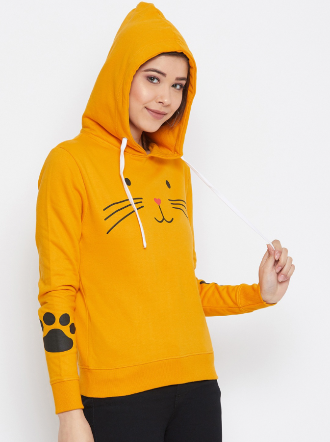 Ace Women Mustard Yellow Meow Printed Hoodie