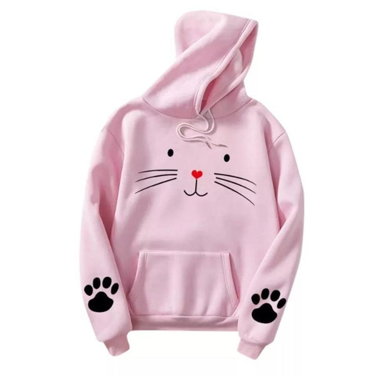 Cute Cat Pow Sleeve Print Fleece Full Sleeves Pull Over Hoodie For Women