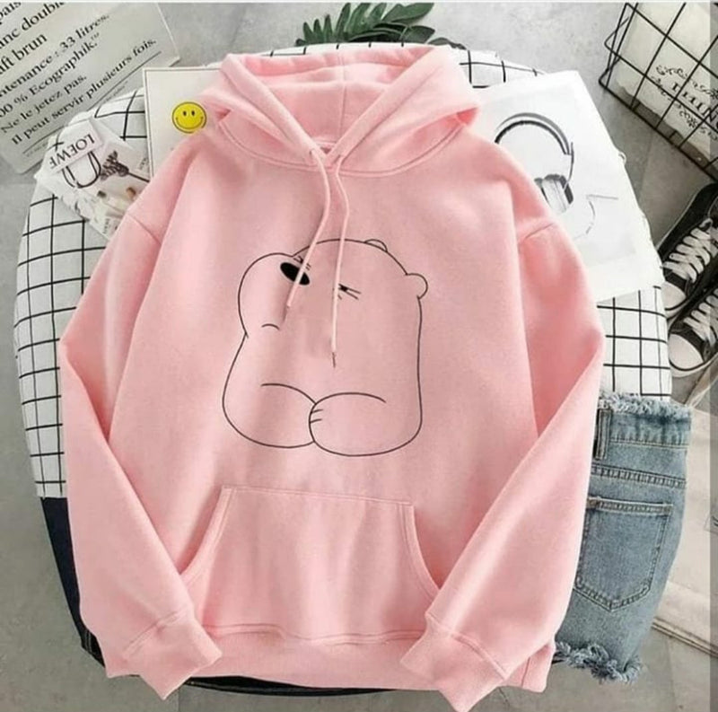 Pink Bear Fleece Full Sleeves Pull Over Hoodie For Women