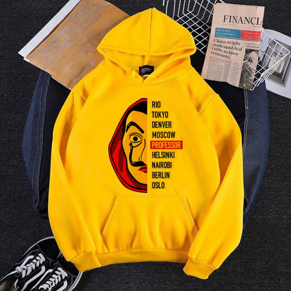 Yellow Money Heist Printed Fleece Hoodie for Men