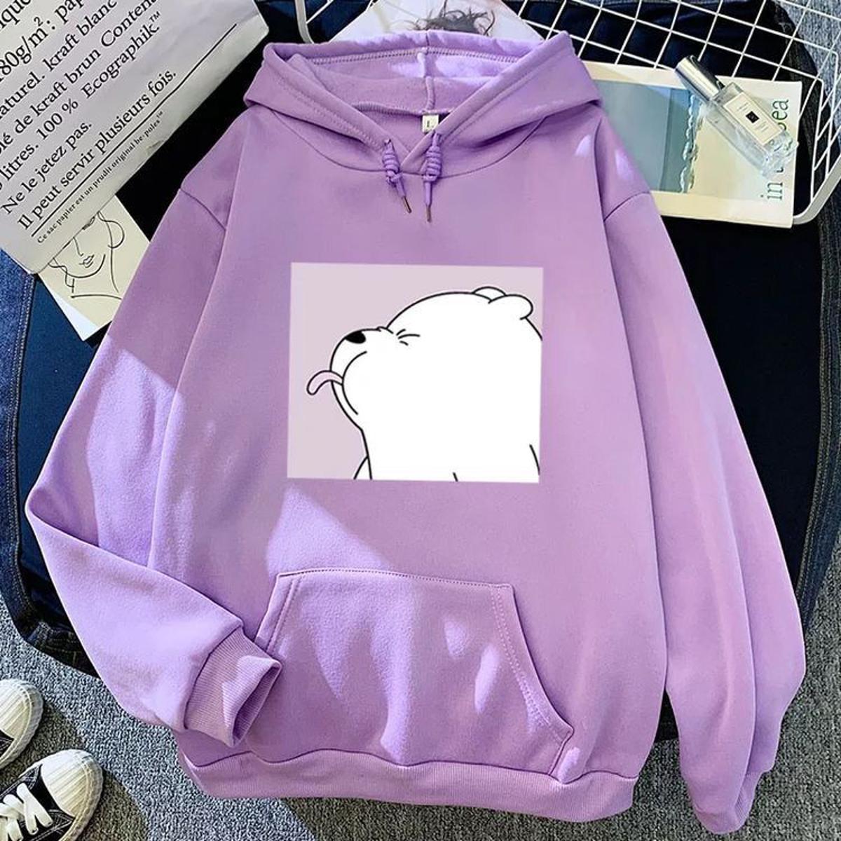 Light Purple Ice Bear Printed Winter Fleece Full Seeves Hoodie For Women