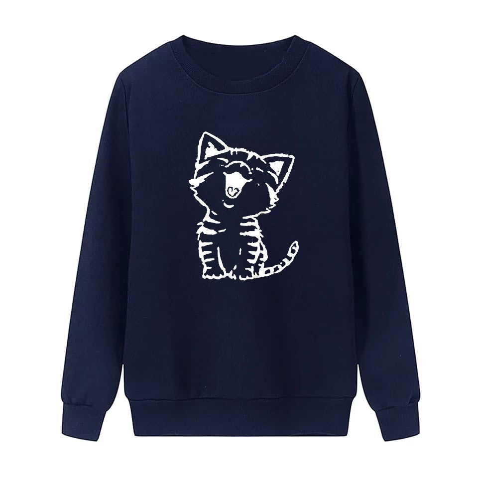 Cat Printed Fleece Full Sleeves Pull Over Sweatshirt For Women