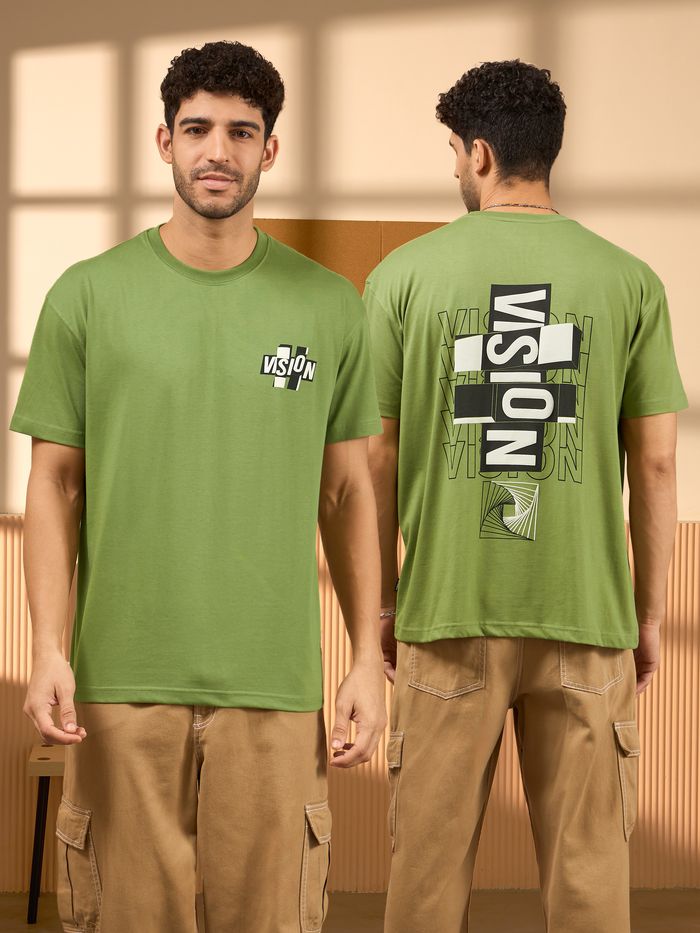 Vision Printed Green Oversized T-shirt for Men