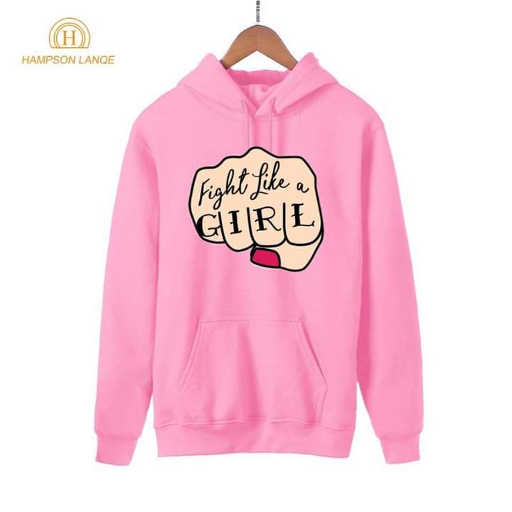 Fight Like A Girl Printed Fleece Full Sleeves Pull Over Hoodie For Women