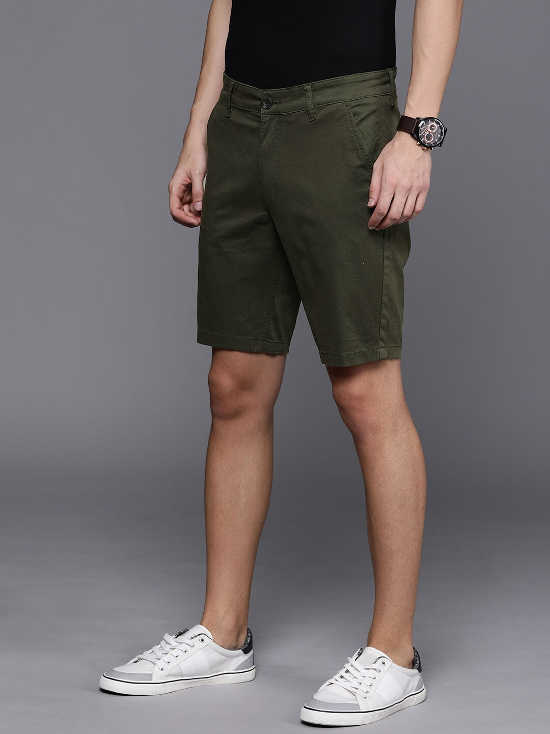 Men Olive Green Solid Slim Fit Chino Shorts - Back View - AceCart