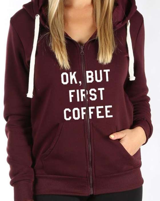 Maroon First I Need Coffee Printed Zipper Hoodie - AceCart Warm Hooded Sweatshirt in Maroon