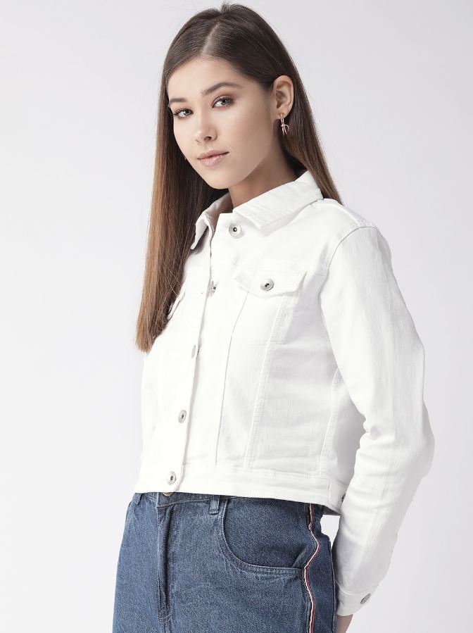 Women White Solid Denim Jacket  - Front View - Available in Sizes L