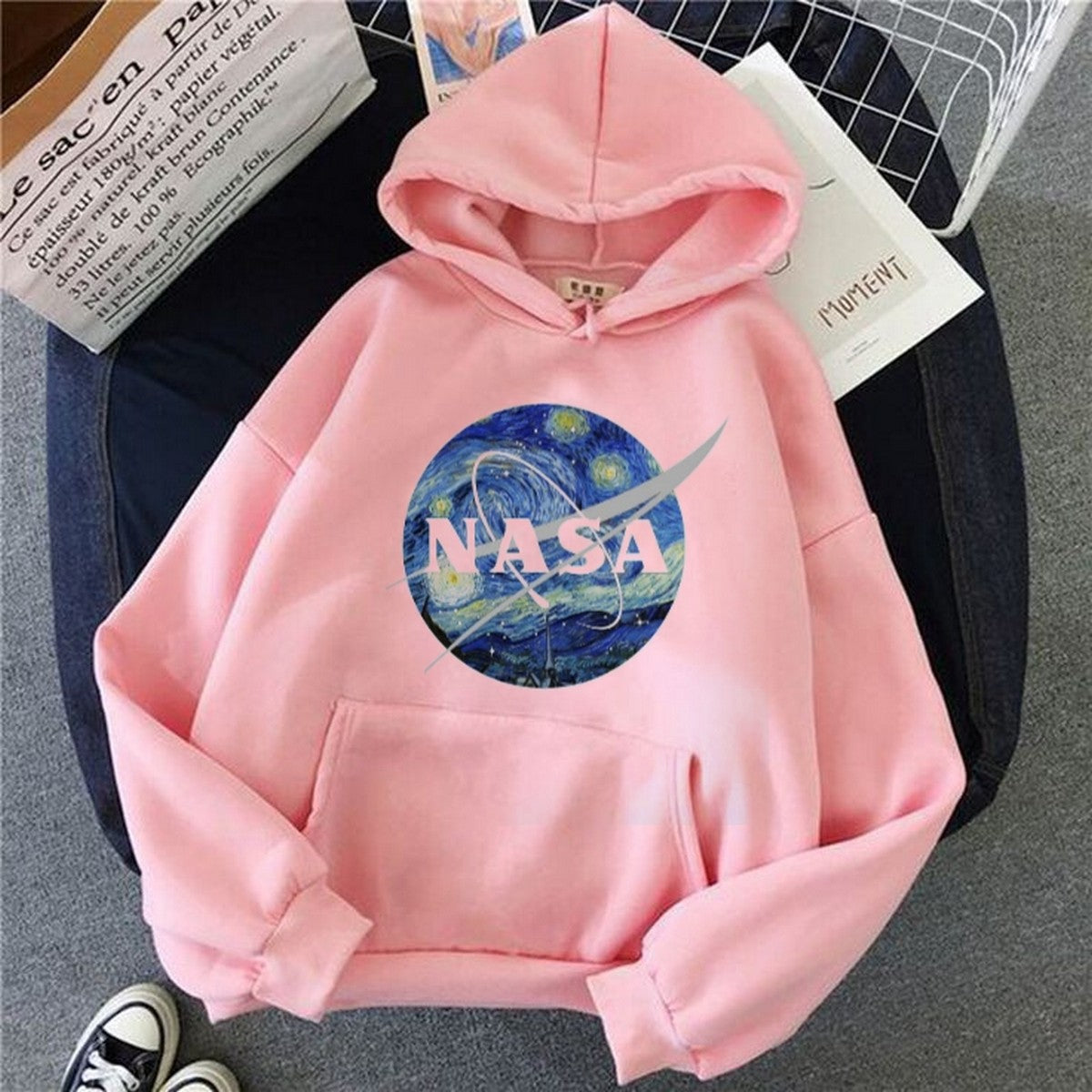 Pink Nasa Fleece Full Sleeves Pull Over Hoodie For Women