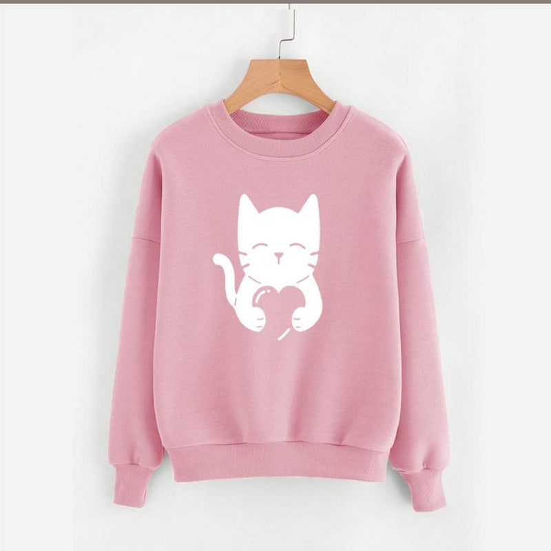 Cute Cat Printed Fleece Full Sleeves Pull Over Sweatshirt For Women