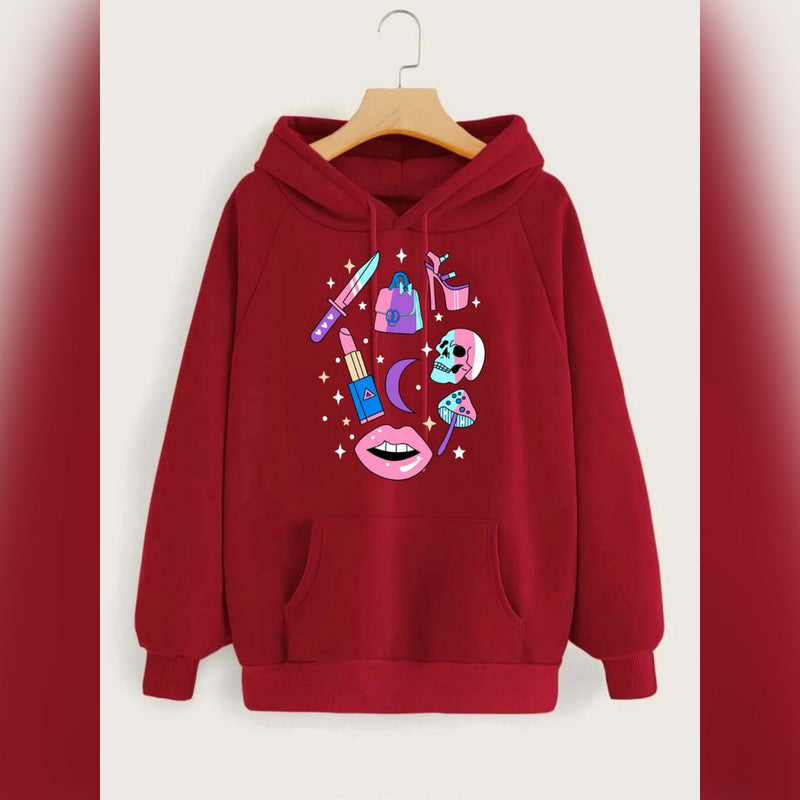 Make Up Printed Fleece Full Sleeves Pull Over Hoodie For Women