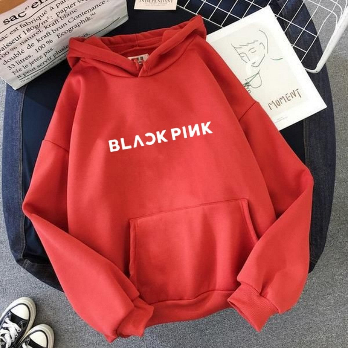 Blackpink Red Printed Fleece Full Sleeves Pull Over Hoodie For Women