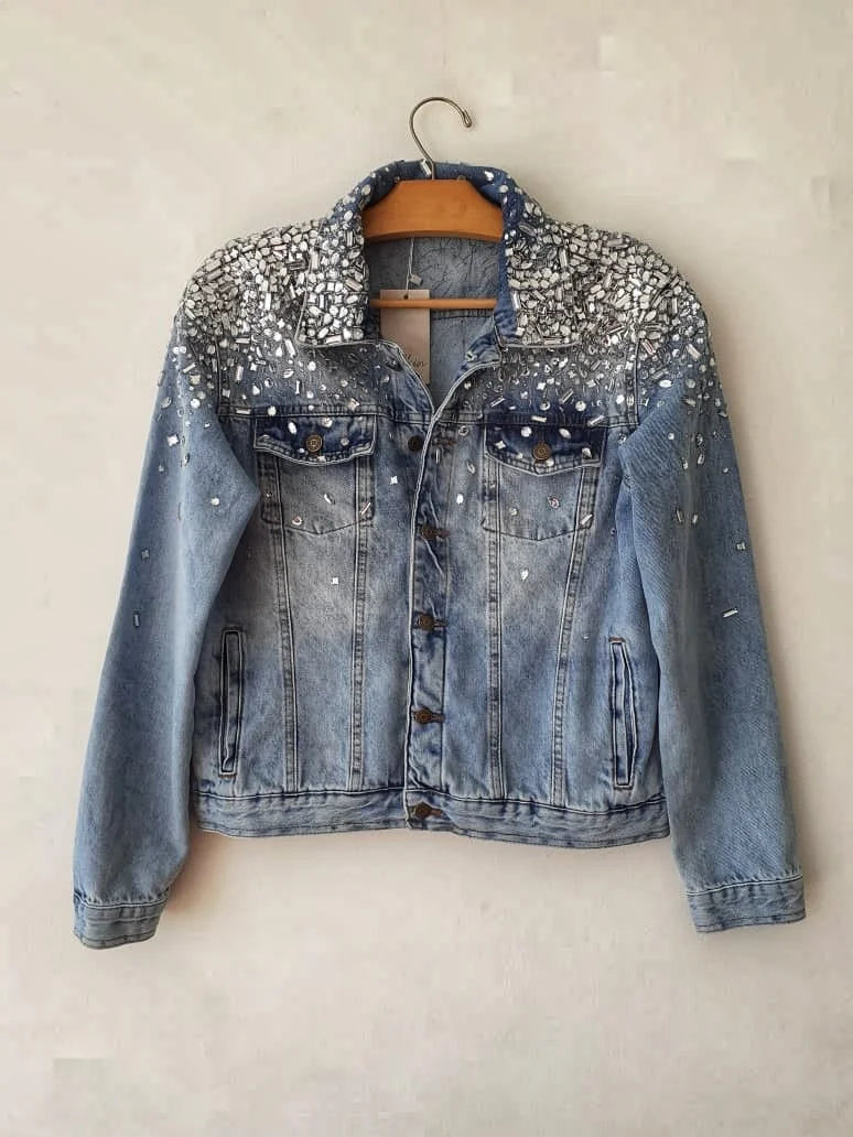 Women Silver Crystals Denim Jacket Front View