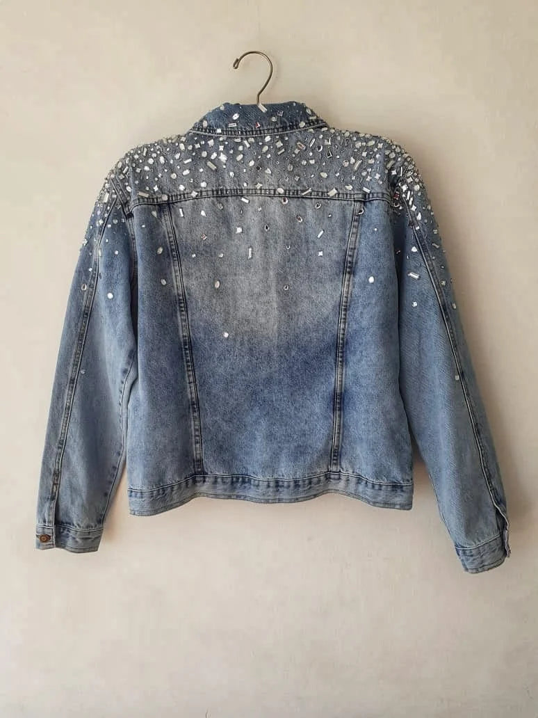 Women Silver Crystals Denim Jacket Back View - Ace Cart